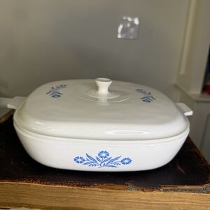 Corningware White Dish with Blue Markings, 10”